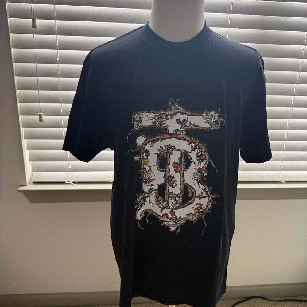 Burberry Black Logo Graphic Short Sleeve Tee with Floral Lettering